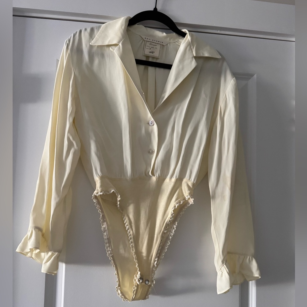 Max studio Ruffled Cream Button-Front Bodysuit Top